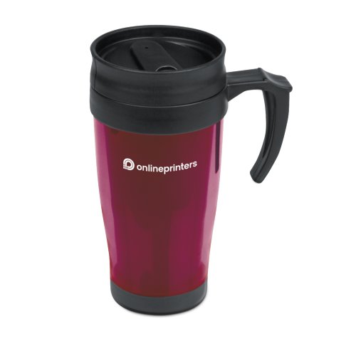 Red plastic mug with lid and handle.