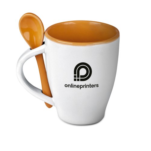 Ceramic mug with matching spoon.