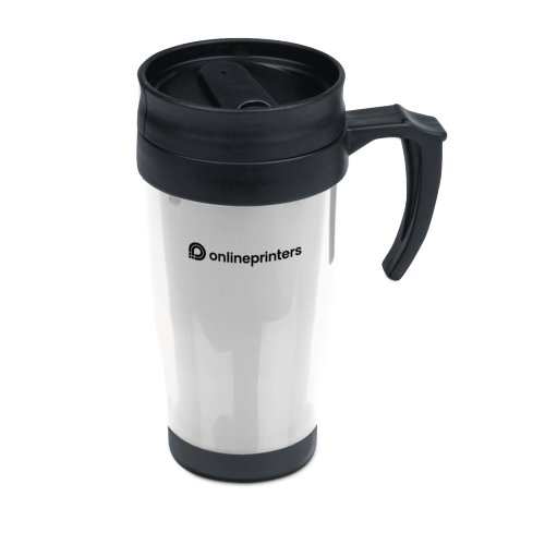 White plastic travel mug with handle and lid.