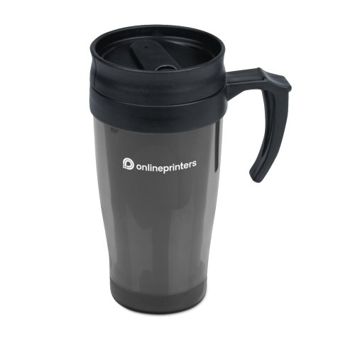 Gray plastic travel mug with handle and lid.