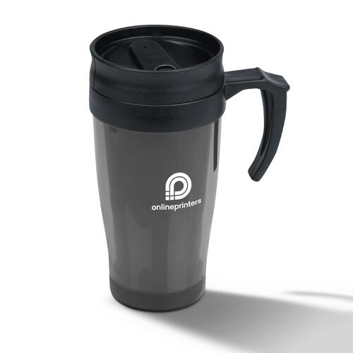 Gray plastic travel mug with handle and lid.