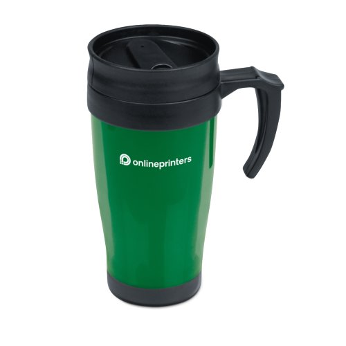 Green plastic mug with lid and handle.