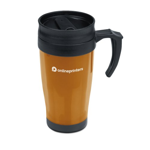 Orange plastic cup with lid and handle.
