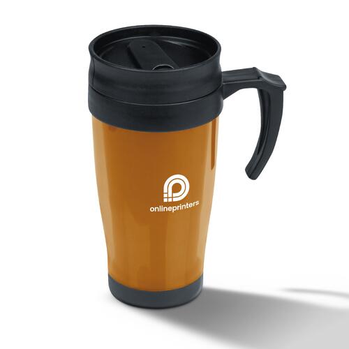 Orange plastic cup with lid and handle.