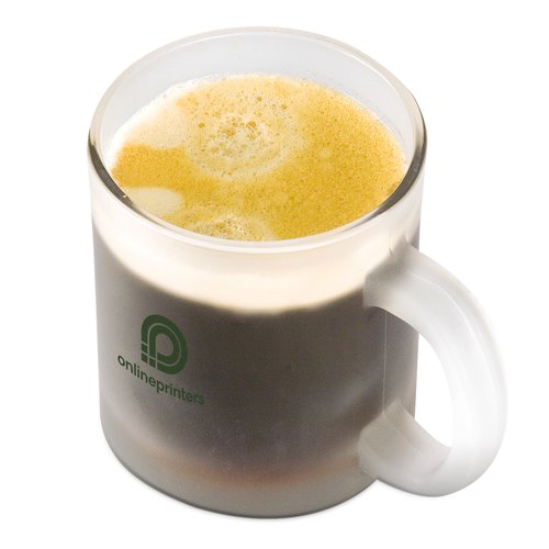 Transparent glass coffee mug with handle.