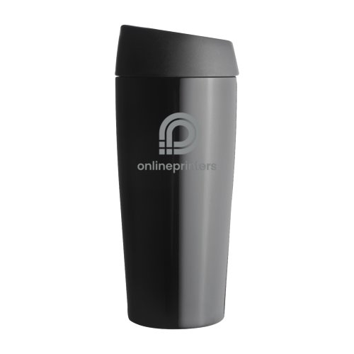 Stainless steel vacuum drinking cup with lid.