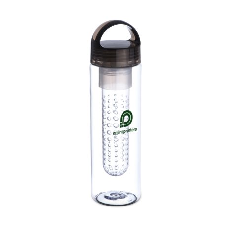 Transparent drink bottle with dark lid and removable sieve.