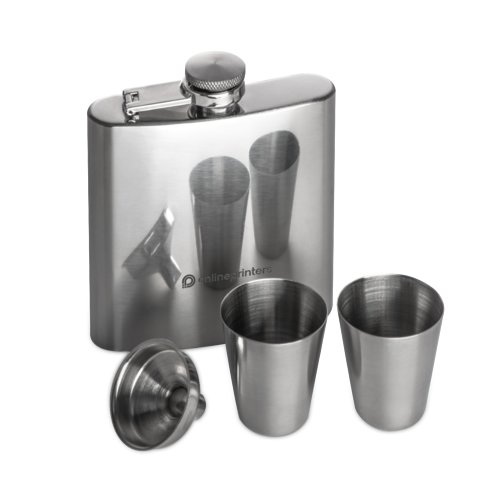 Gray stainless steel hip flask with two shot glasses.