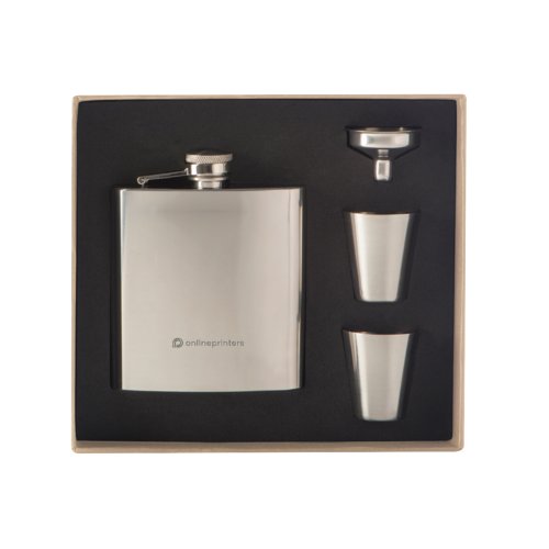 Silver stainless steel flask with two shot glasses.