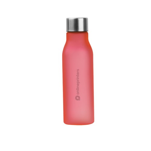 Red plastic water bottle with screw cap.