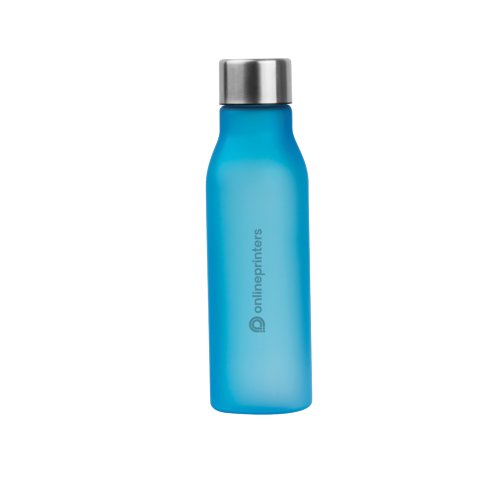 Light blue water bottle with screw cap.