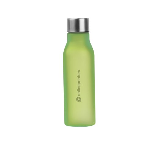 Green plastic water bottle with screw cap.