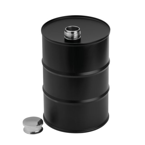 Black stainless steel hip flask in barrel shape with screw cap.