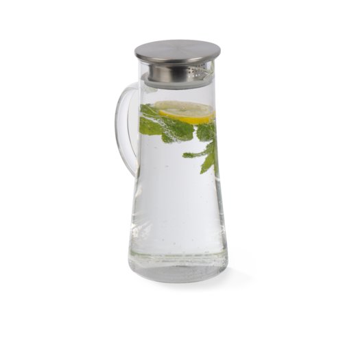 Clear glass carafe with lid.