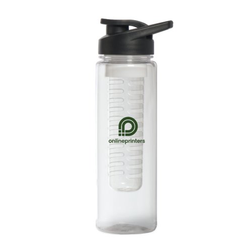 Clear plastic water bottle with black lid and fruit infuser.
