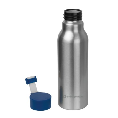 Blue aluminum water bottle with screw cap.