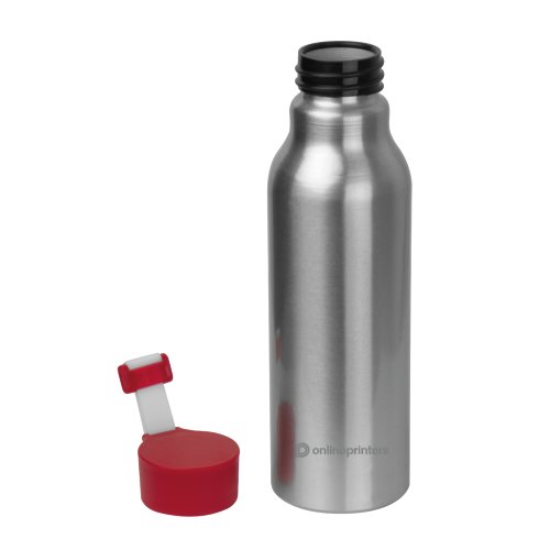 Red aluminium drinking bottle with screw cap.