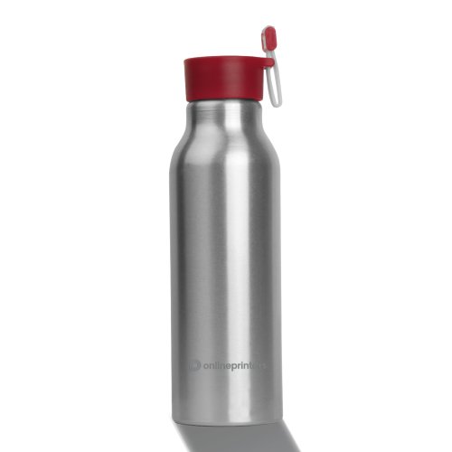 Red aluminum water bottle with screw cap and tether strap.