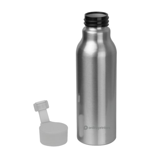 Grey aluminum water bottle with screw cap.
