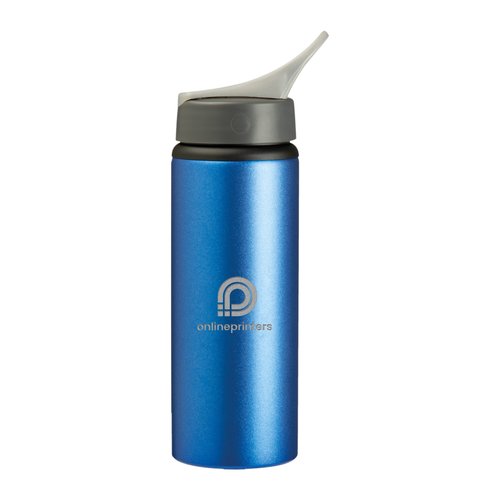 Blue metal water bottle with drinking cap.