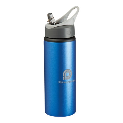 Blue metal water bottle with lid and straw.
