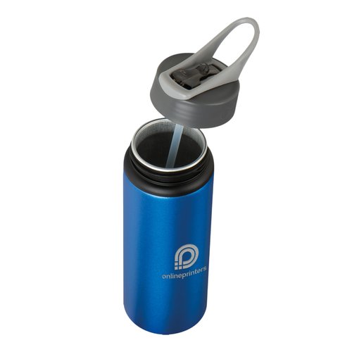 Blue metal water bottle with lid and straw.