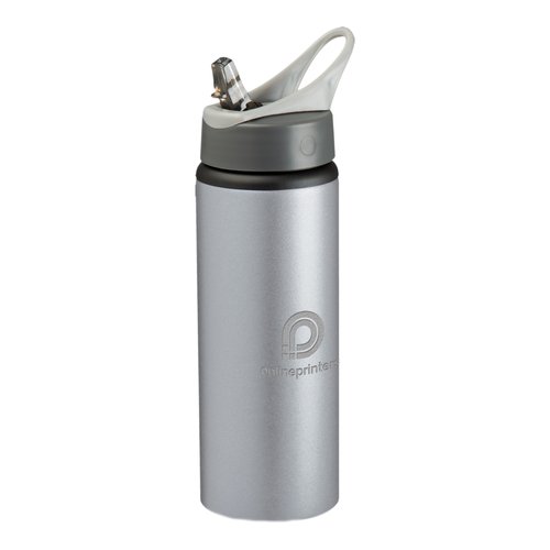 Silver metal drinking bottle with drinking attachment.