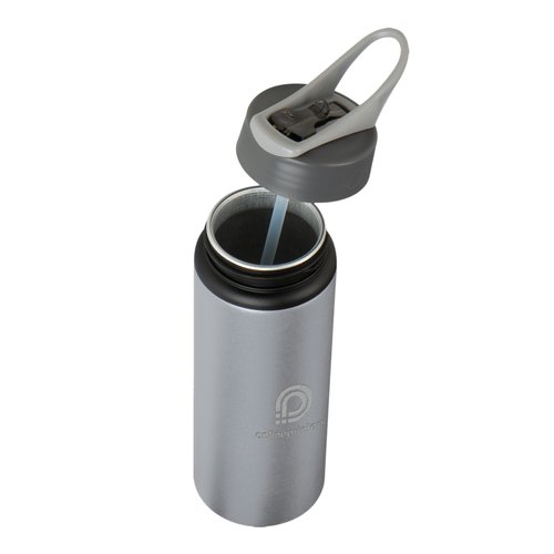 Gray metal water bottle with lid and straw.