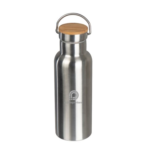 Silver stainless steel water bottle with wooden lid and handle.