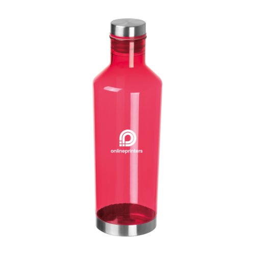 Red tritan water bottle with screw cap.