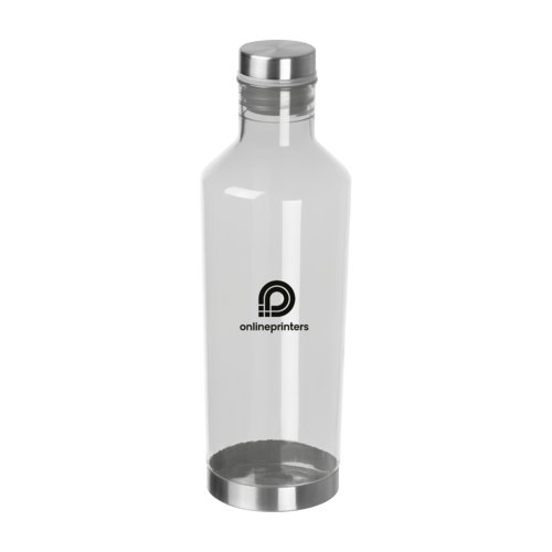 Transparent Tritan drinking bottle with silver-colored lid.