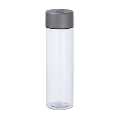 Transparent Tritan water bottle with gray lid.