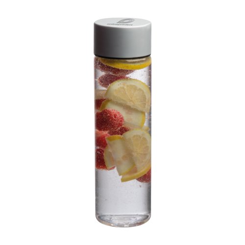 Transparent Tritan water bottle with screw cap.