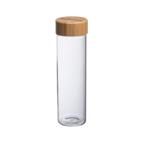 Transparent glass bottle with bamboo lid.