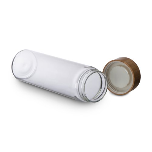 Glass bottle with bamboo lid.