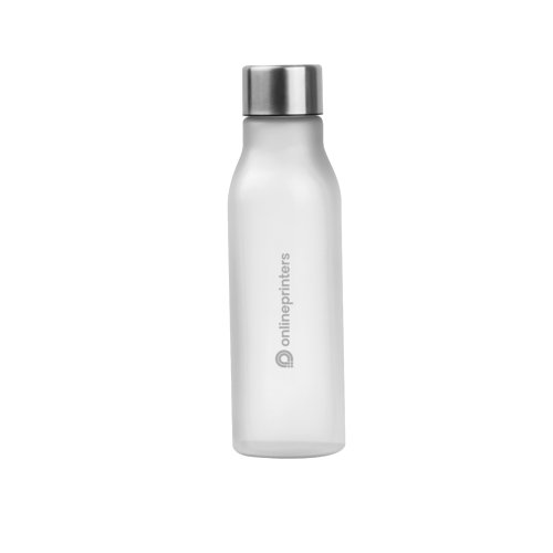 Transparent plastic water bottle with screw cap.