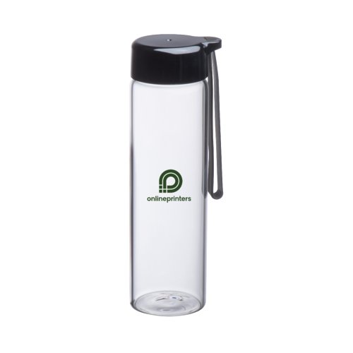 Glass bottle with black PP lid and carrying loop.