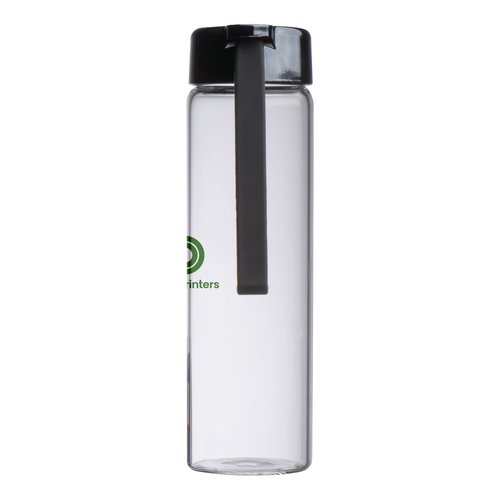 Transparent glass bottle with PP lid and carrying loop.