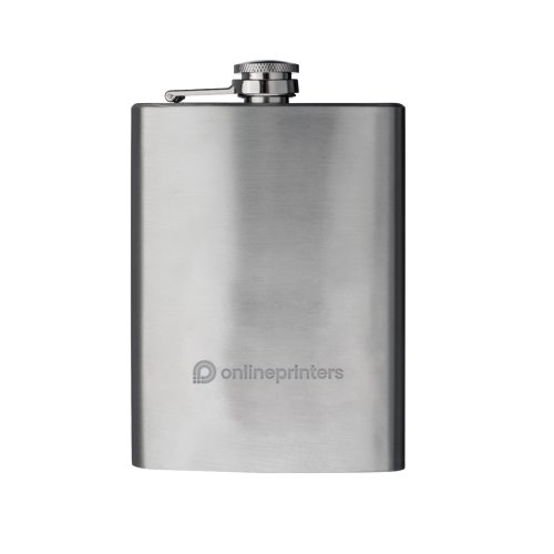 Silver stainless steel flask with screw cap.