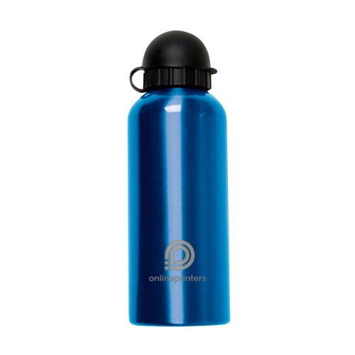 Blue metal water bottle with black cap.