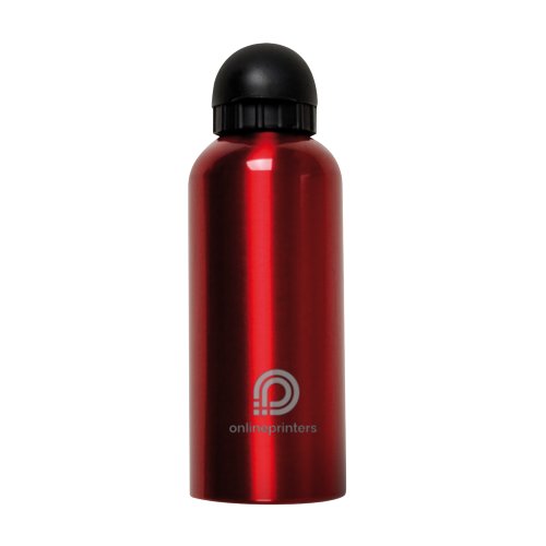 Red metal water bottle with screw cap.
