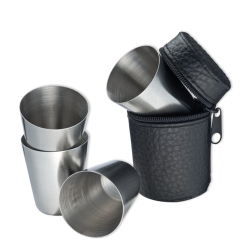 Black stainless steel shot glass set with case.