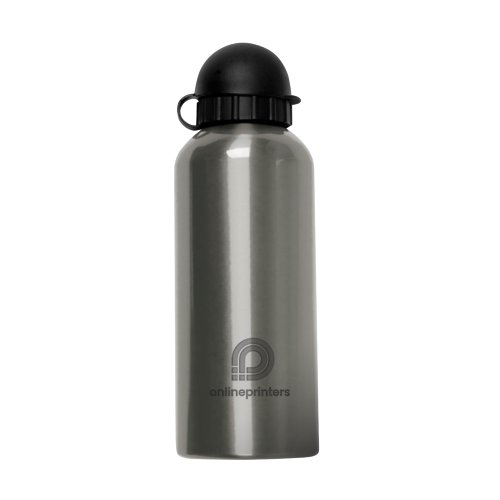Silver metal water bottle with a black screw cap.