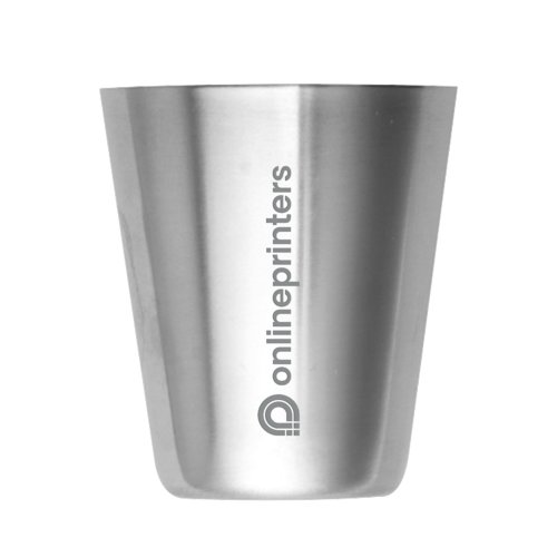 Silver stainless steel shot glass in a simple design.
