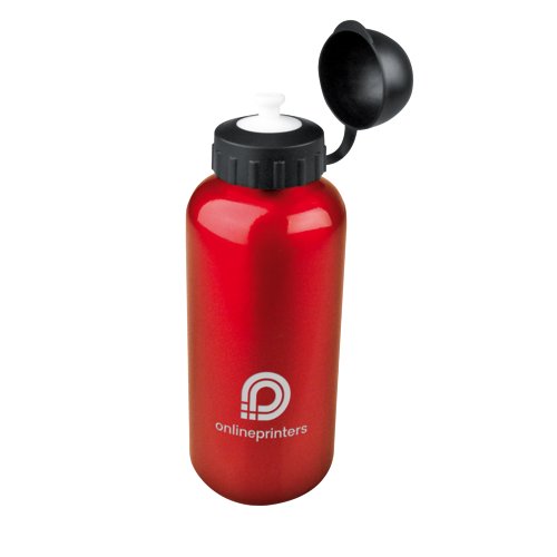 Red metal drinking bottle with screw cap.