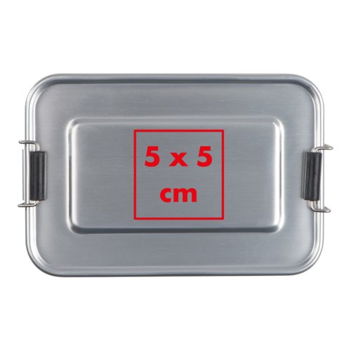 Silver aluminum lunch box with hinged closures.