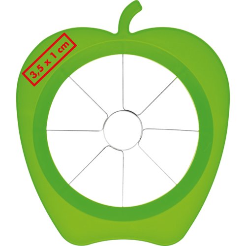 Green plastic apple cutter with stainless steel blades.