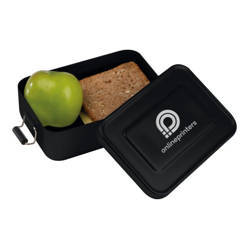 Black aluminum lunch box with lid and closure.