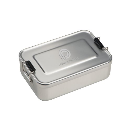 Silver aluminum lunch box with lid and closure.