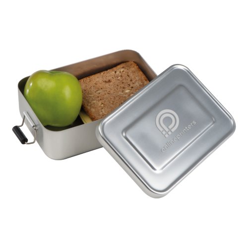 Gray aluminum lunch box with lid and closure.